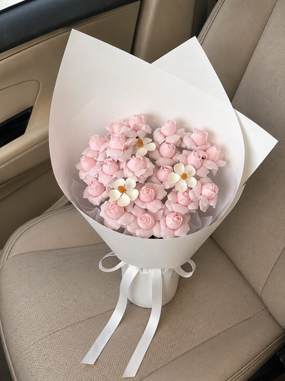 Pink Blossom Daisy Posy, high-angle car view; AI design illustration