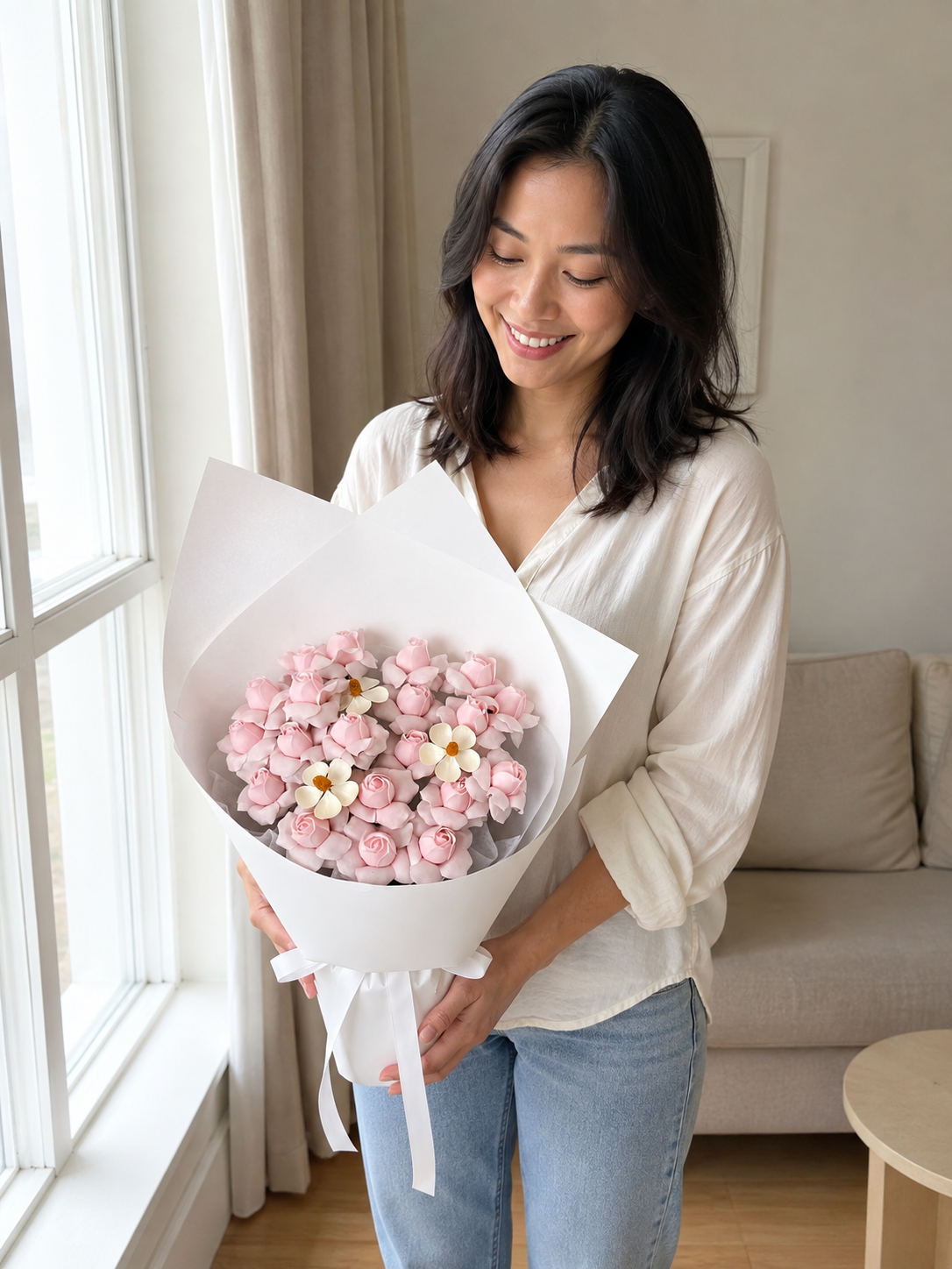 Pink Blossom Daisy Posy, person-held angled view; AI design illustration
