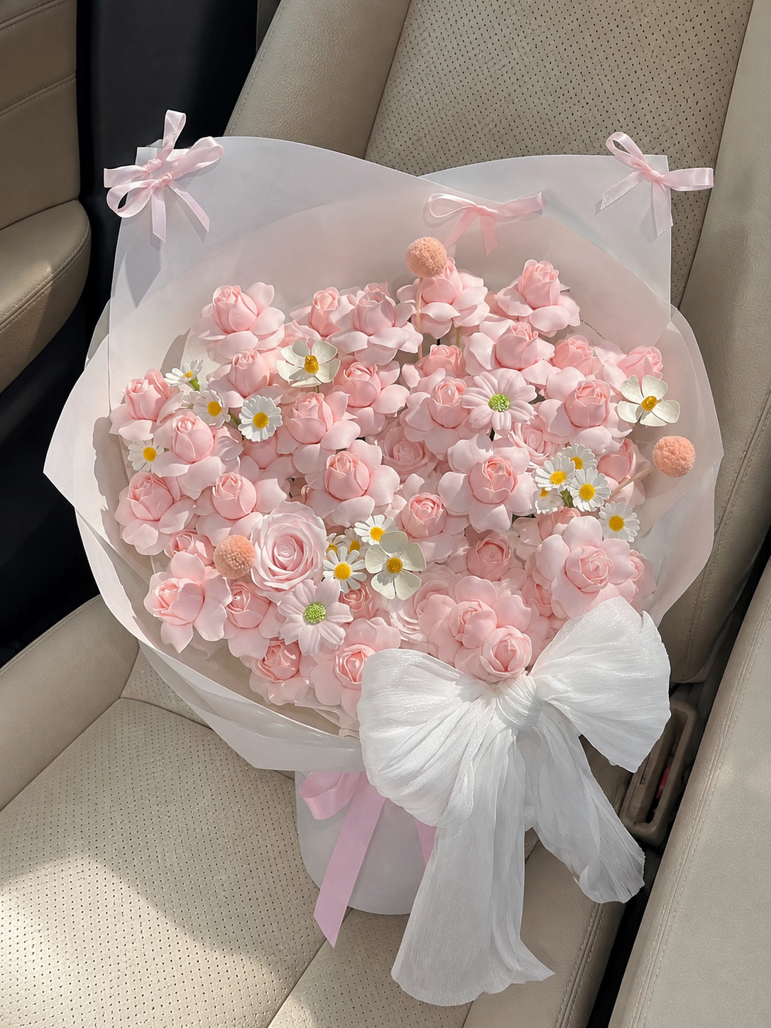 Pink Blossom Garden Ribbon Bouquet, high-angle car view; AI design illustration