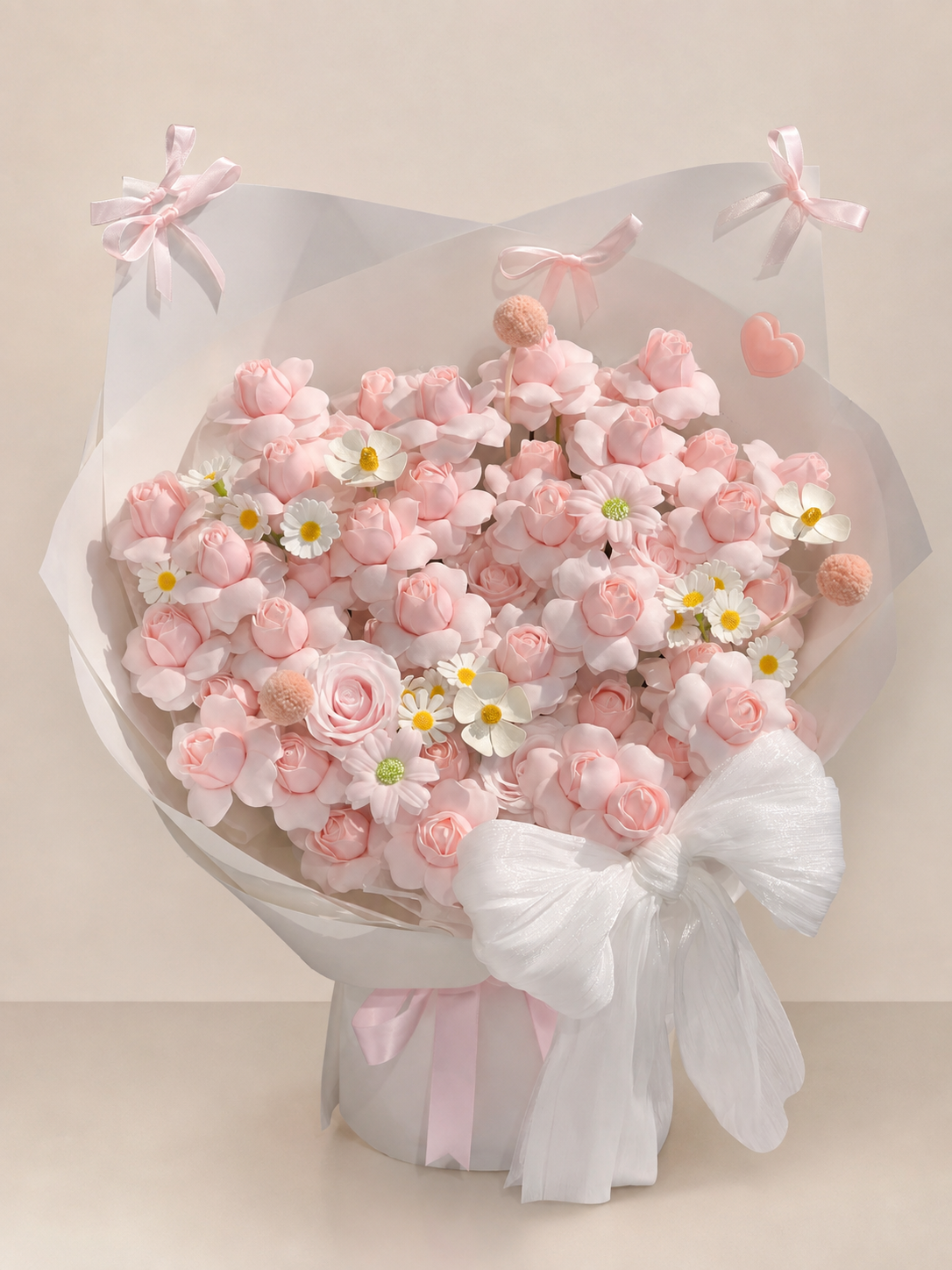 Pink Blossom Garden Ribbon Bouquet, front view; AI design illustration