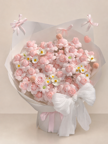 Pink Blossom Garden Ribbon Bouquet, front view; AI design illustration