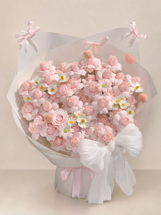Pink Blossom Garden Ribbon Bouquet, front view; AI design illustration