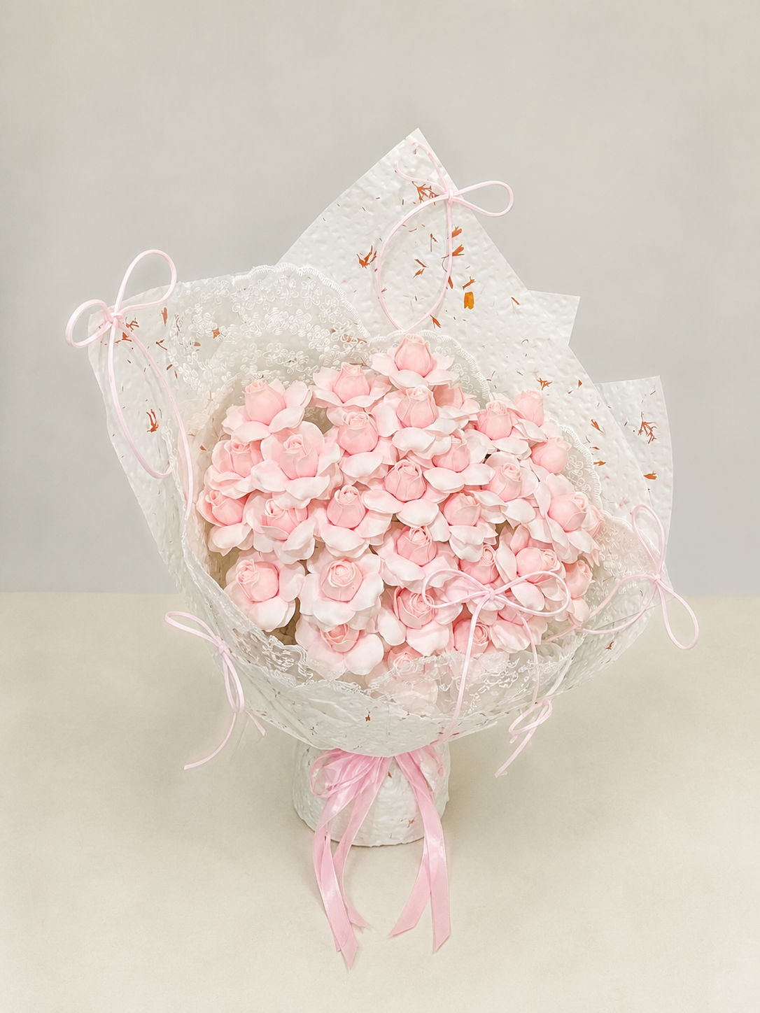 Pink Blossom Heart Lace Bouquet, front view; AI design illustration