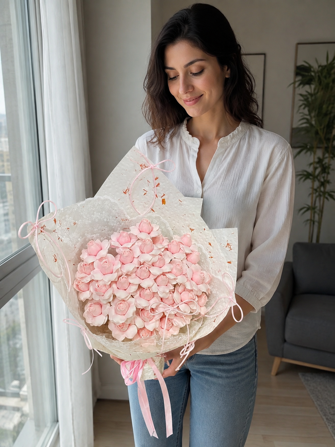 Pink Blossom Heart Lace Bouquet, person-held angled view; AI design illustration