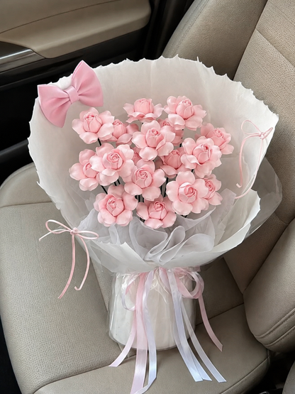 Pink Blossom Heart Wrap Bouquet, high-angle car view; AI design illustration