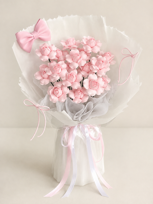 Pink Blossom Heart Wrap Bouquet, front view; AI design illustration
