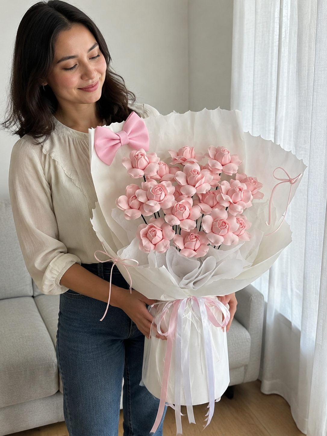 Pink Blossom Heart Wrap Bouquet, person-held angled view; AI design illustration