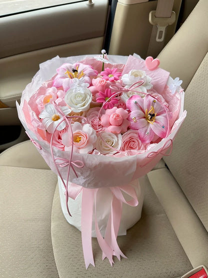 Pink Blossom Mixed Flower Bouquet, Medium, high-angle car-seat view; AI lifestyle illustration