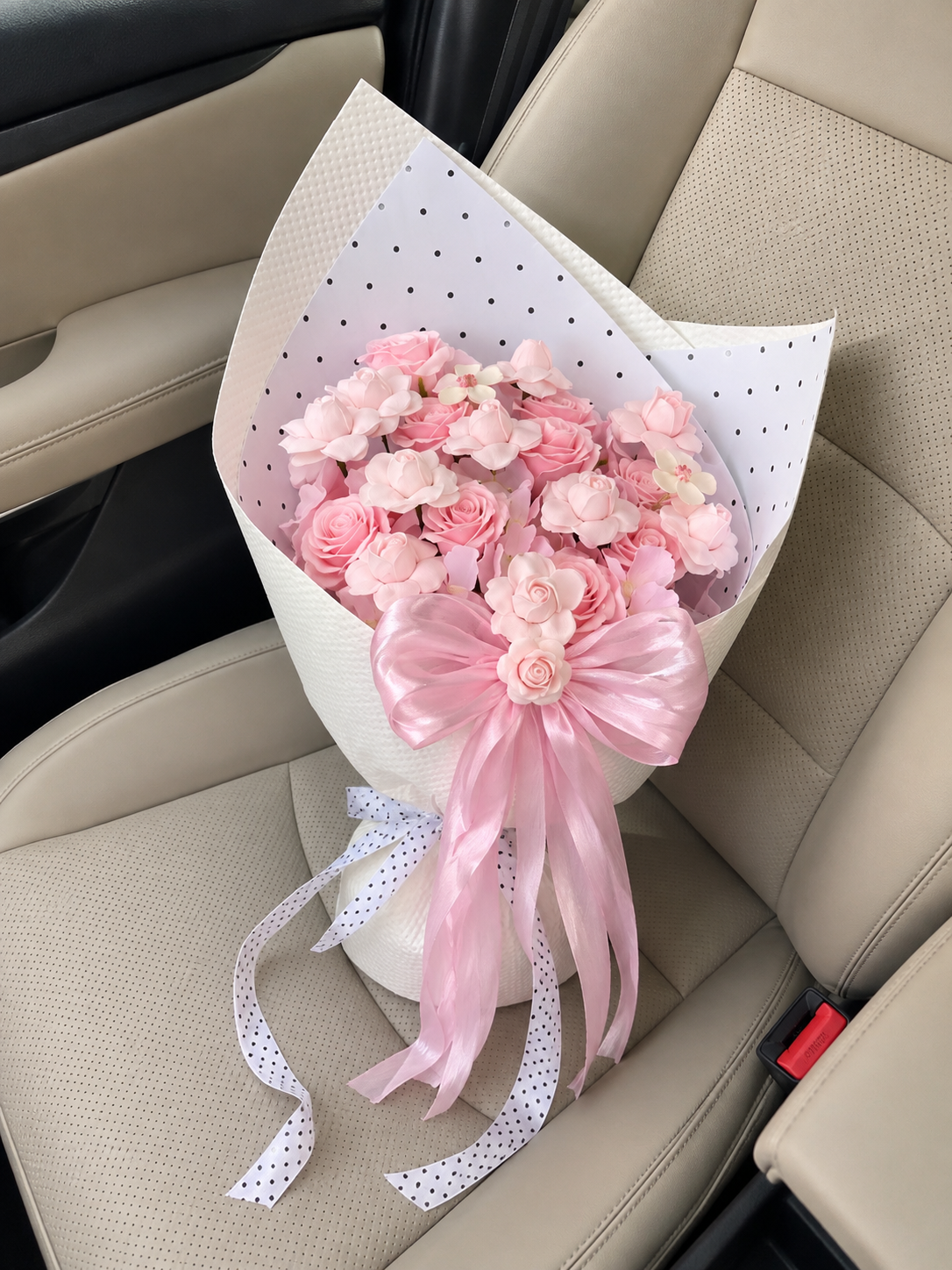 Pink Blossom Polka Dot Bouquet, high-angle car view; AI design illustration