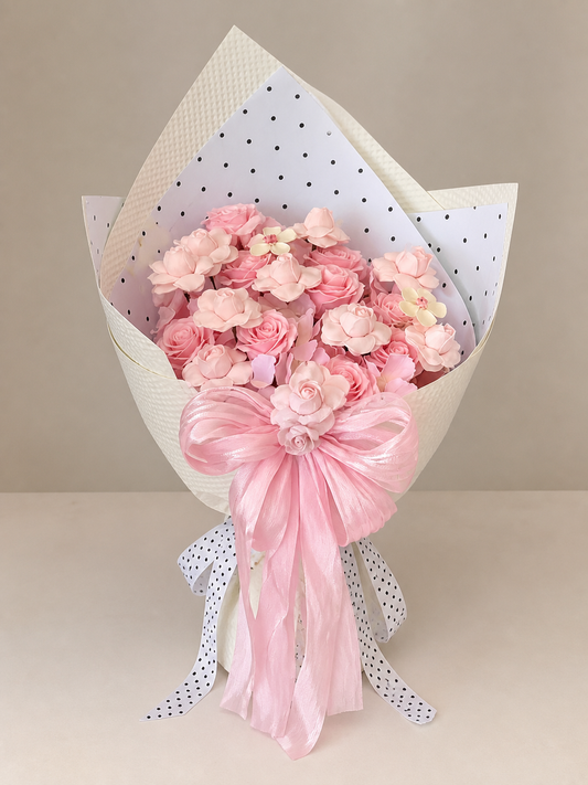 Pink Blossom Polka Dot Bouquet, front view; AI design illustration
