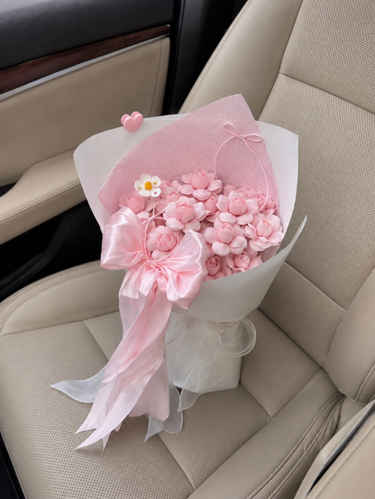 Pink Blossom Ribbon Bouquet, high-angle car view; AI design illustration