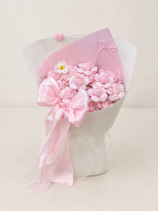Pink Blossom Ribbon Bouquet, front view; AI design illustration
