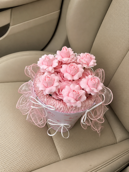 Pink Blossom Tulle Posy Bouquet — car view; AI-assisted design illustration