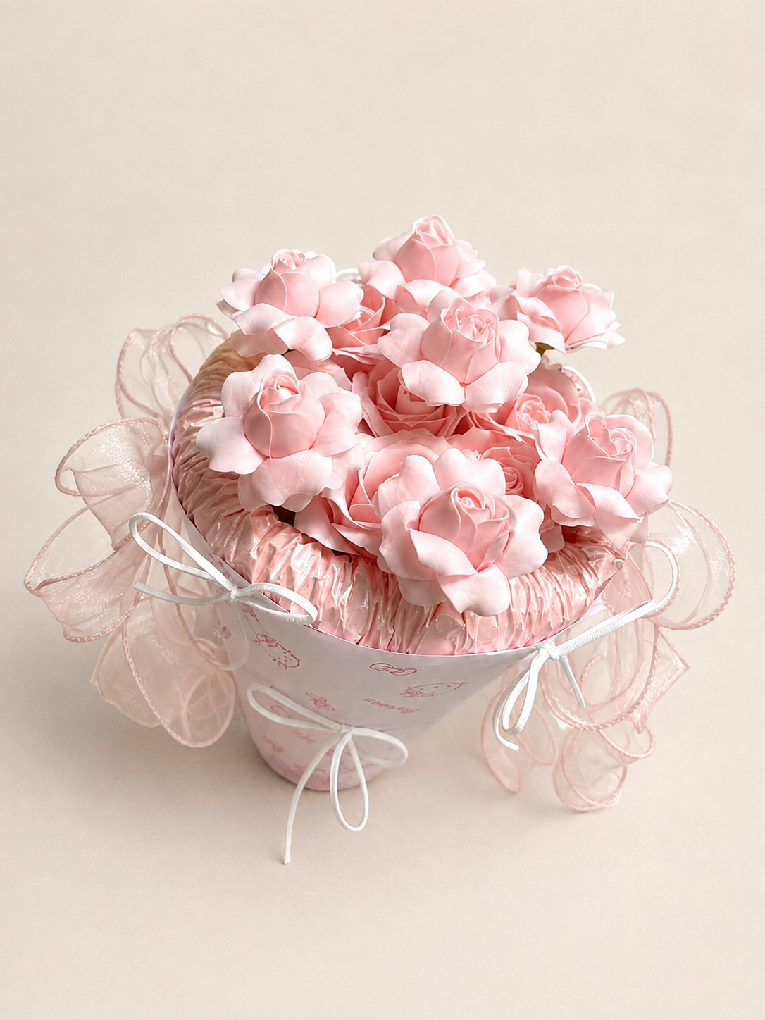 Pink Blossom Tulle Posy Bouquet — front view; AI-assisted design illustration