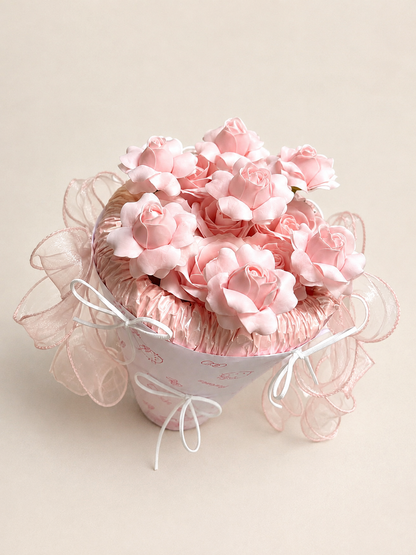 Pink Blossom Tulle Posy Bouquet — front view; AI-assisted design illustration