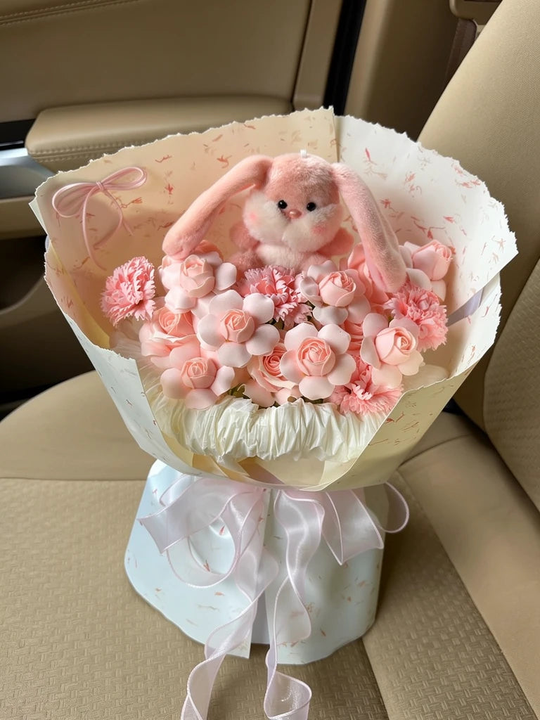 Pink Bunny Blossom Bouquet, Medium, high-angle car-seat view; AI lifestyle illustration