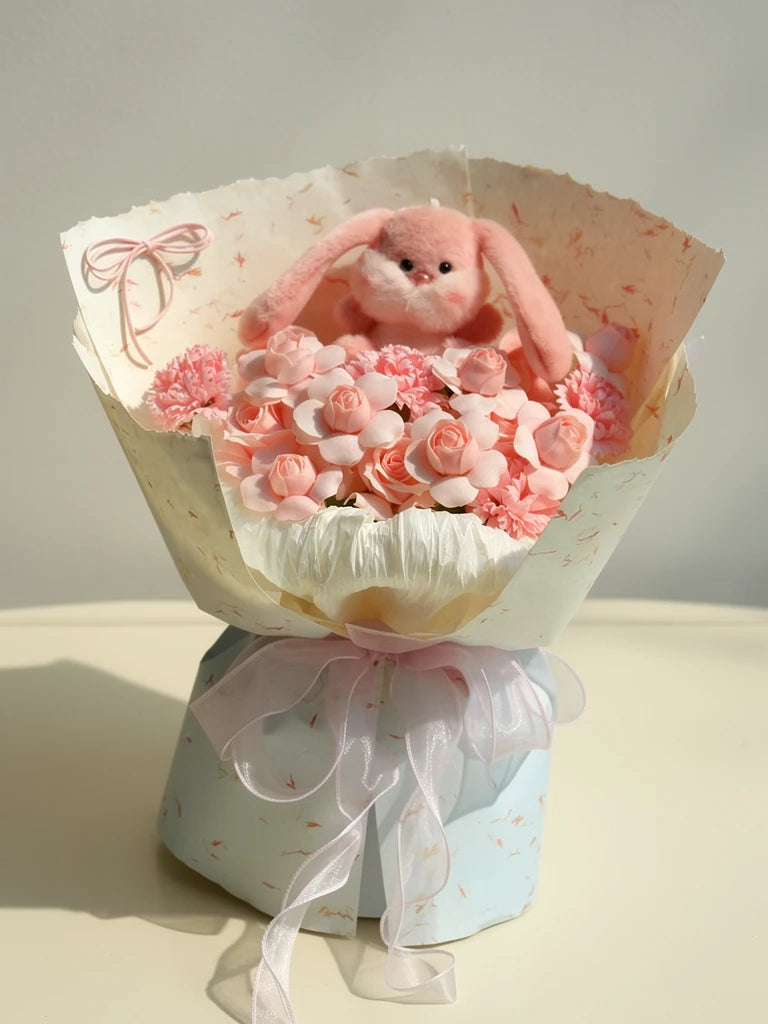 Pink Bunny Blossom Bouquet, Medium, front view; AI design illustration