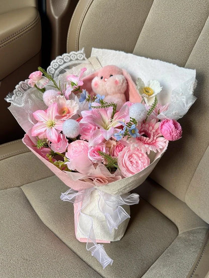 Pink Bunny Daisy Garden Bouquet, Medium, high-angle car-seat view; AI lifestyle illustration