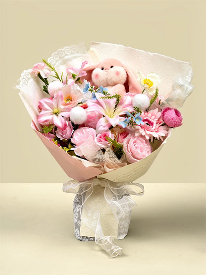 Pink Bunny Daisy Garden Bouquet, Medium, front view; AI design illustration
