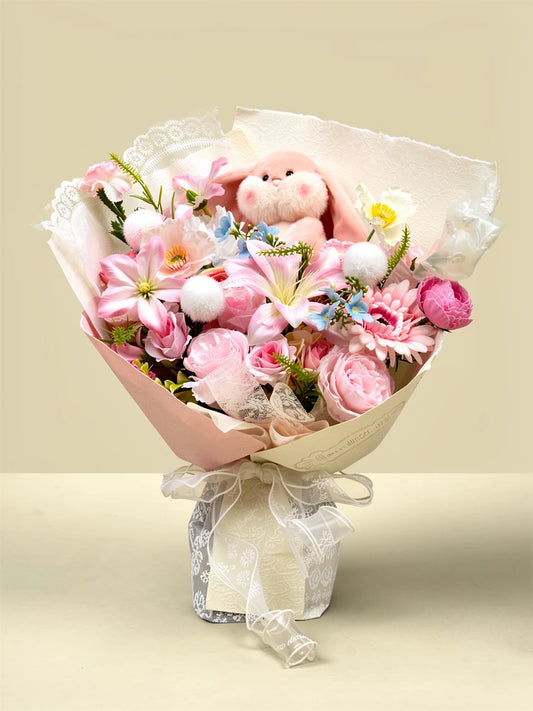 Pink Bunny Daisy Garden Bouquet, Medium, front view; AI design illustration