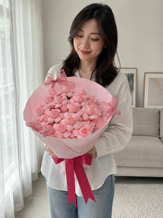 Pink Butterfly Tulip Rose Bouquet, person-held angled view; AI design illustration