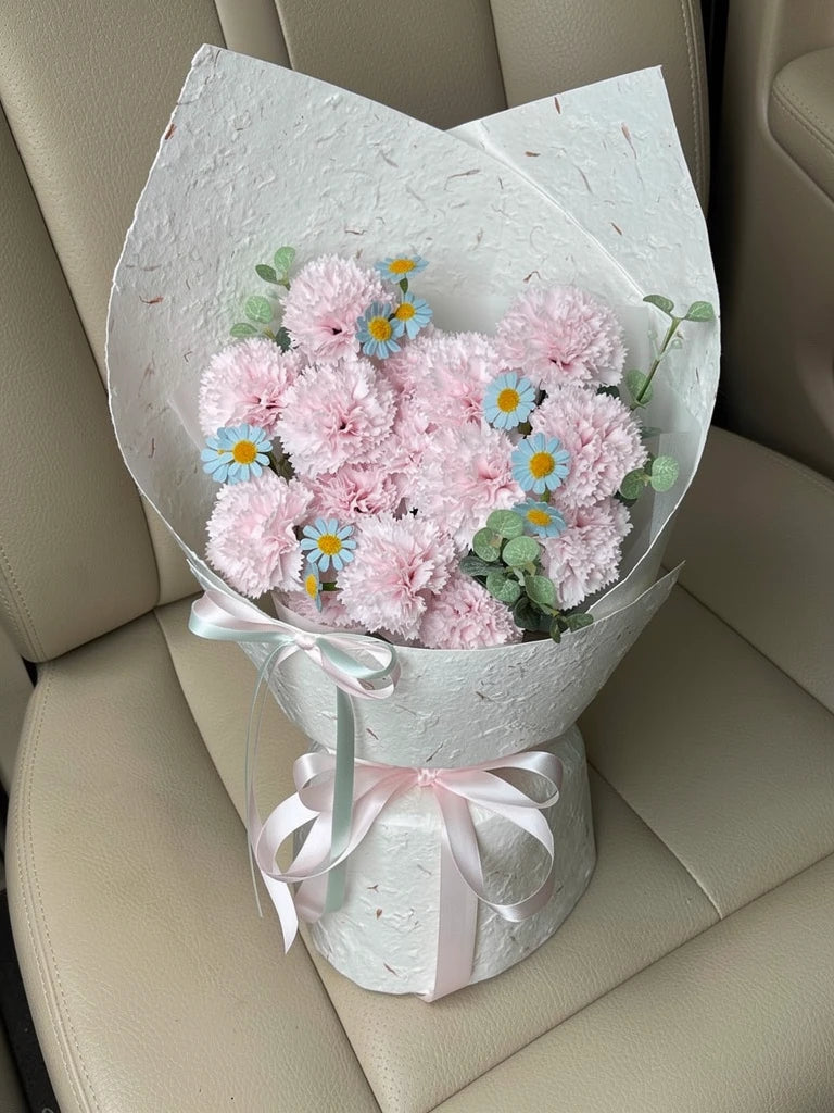 Pink Carnation Daisy Bouquet, Medium, high-angle car-seat view; AI lifestyle illustration