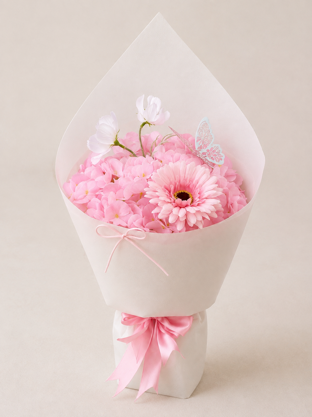 Pink Daisy Hydrangea Small Bouquet, front view; AI design illustration