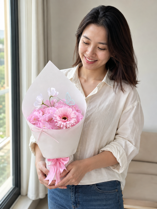 Pink Daisy Hydrangea Small Bouquet, person-held angled view; AI lifestyle illustration