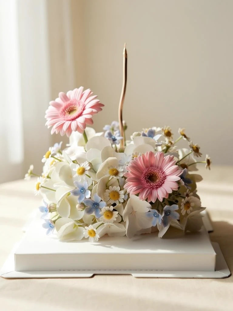 Pink Daisy Ivory Flower Cake, Medium, front view; AI design illustration