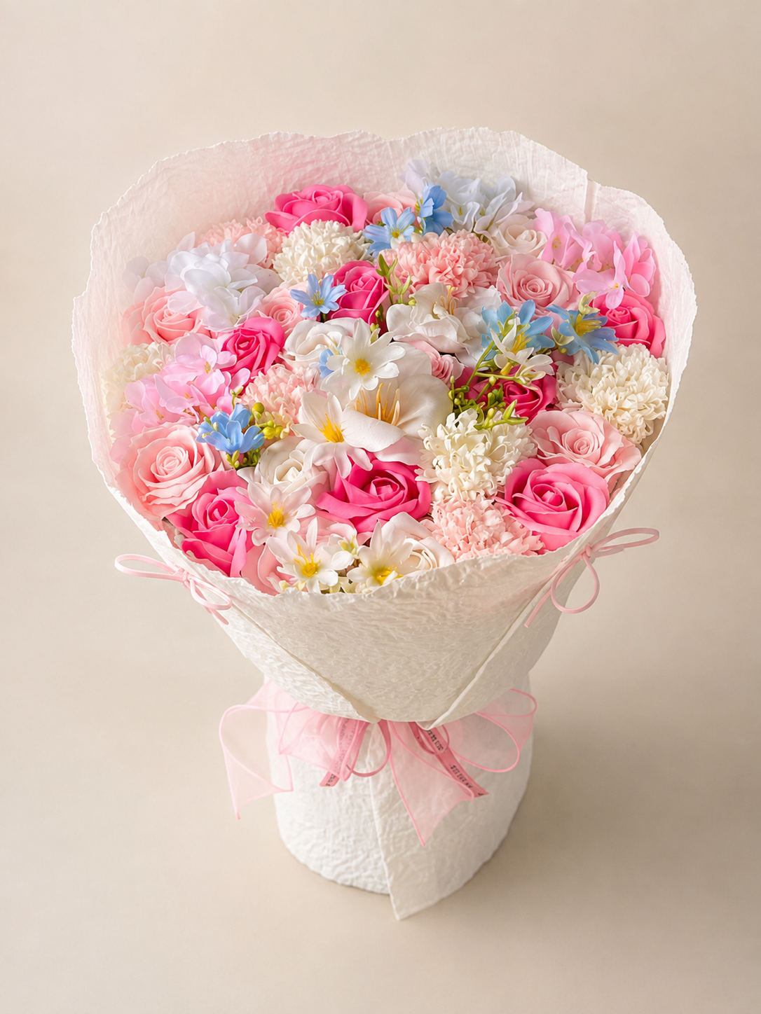 Pink Daisy Rose Festival Bouquet, front view; AI design illustration
