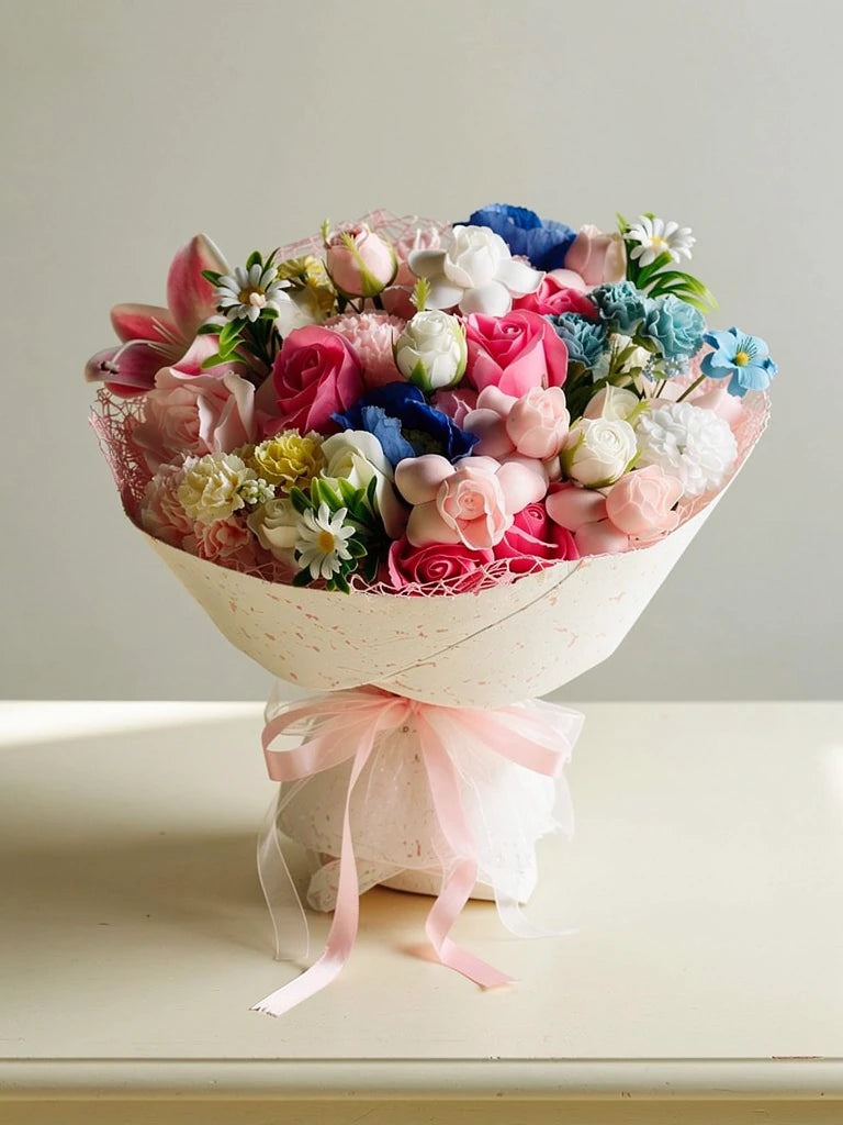 Pink Garden Mixed Rose Bouquet, Medium, front view; AI design illustration
