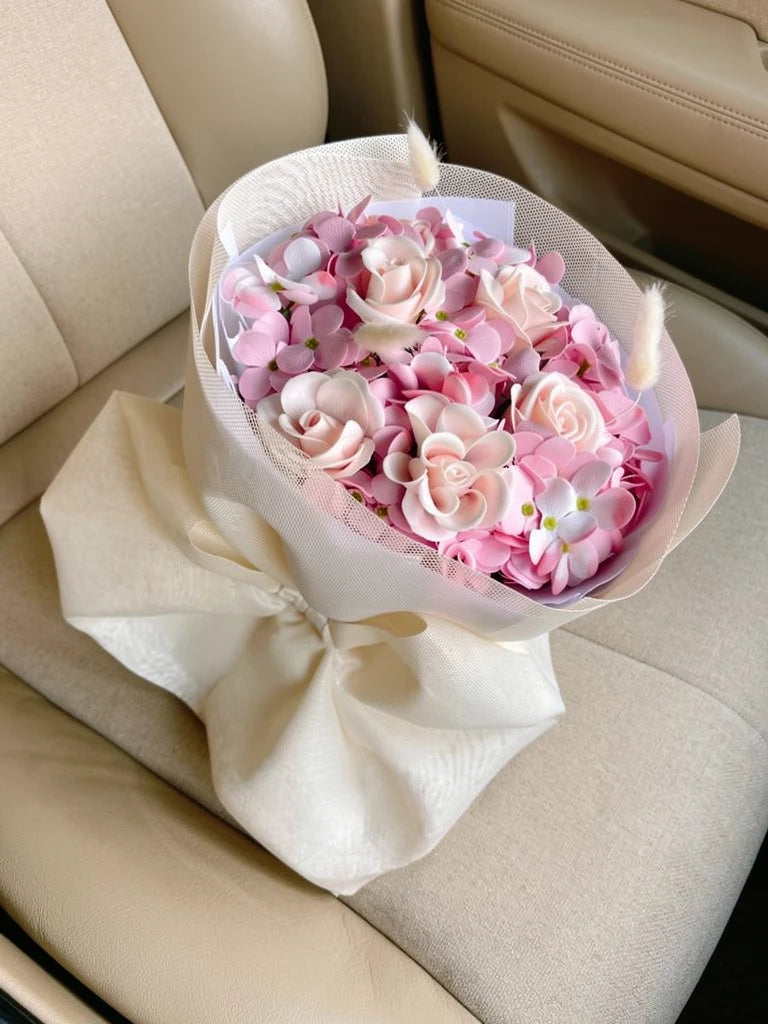 Pink Hydrangea Rose Posy, Medium, high-angle car-seat view; AI lifestyle illustration