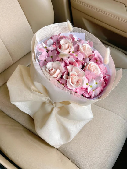 Pink Hydrangea Rose Posy, Medium, high-angle car-seat view; AI lifestyle illustration