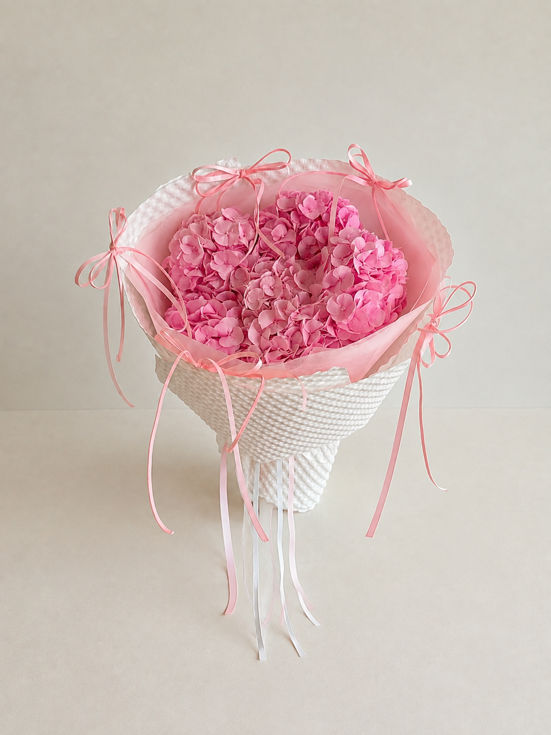 Pink Hydrangea Rose Ring Bouquet, front view; AI design illustration