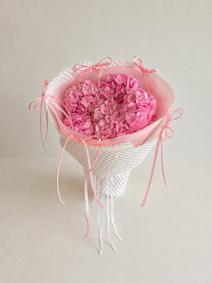 Pink Hydrangea Rose Ring Bouquet, front view; AI design illustration
