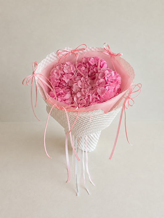 Pink Hydrangea Rose Ring Bouquet, front view; AI design illustration