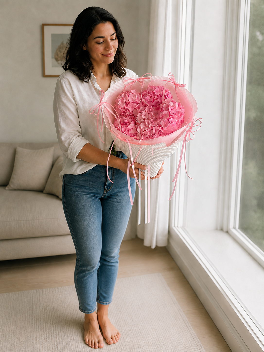 Pink Hydrangea Rose Ring Bouquet, person-held angled view; AI design illustration