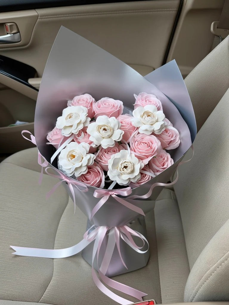 Pink Ivory Rose Harmony Bouquet, Medium, high-angle car-seat view; AI lifestyle illustration