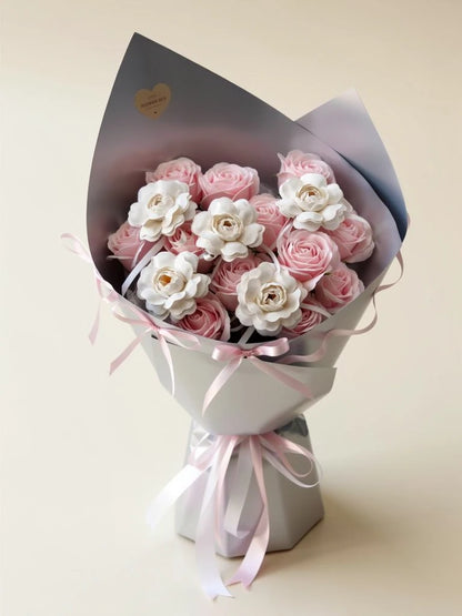 Pink Ivory Rose Harmony Bouquet, Medium, front view; AI design illustration