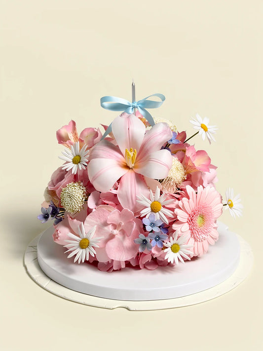 Pink Lily Daisy Flower Cake, Medium, front view; AI design illustration