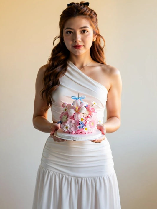 Nguyen Lan holding Pink Lily Daisy Flower Cake, Medium; AI lifestyle illustration