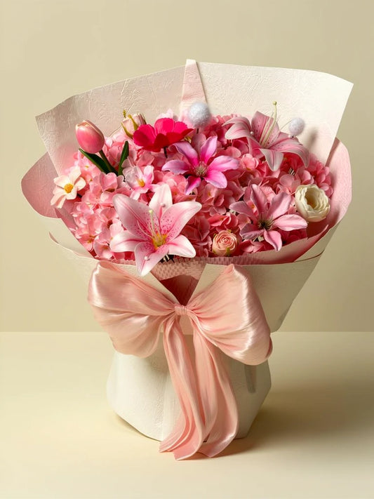 Pink Lily Hydrangea Bouquet, Medium, front view; AI design illustration