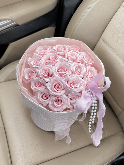 Pink Pearl Rose Bouquet, high-angle car view; AI design illustration