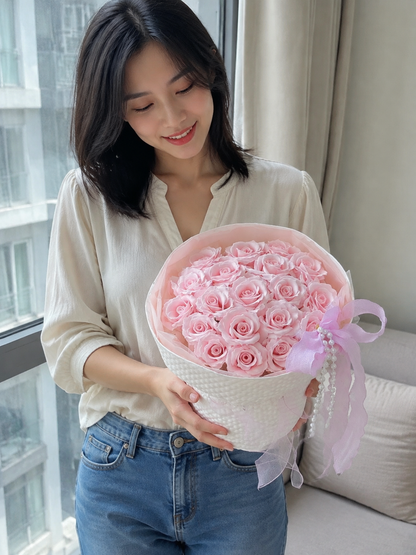 Pink Pearl Rose Bouquet, person-held angled view; AI design illustration