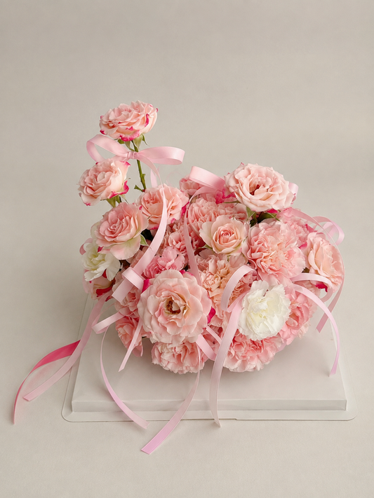 Pink Rose Birthday Flower Cake, front view; AI design illustration