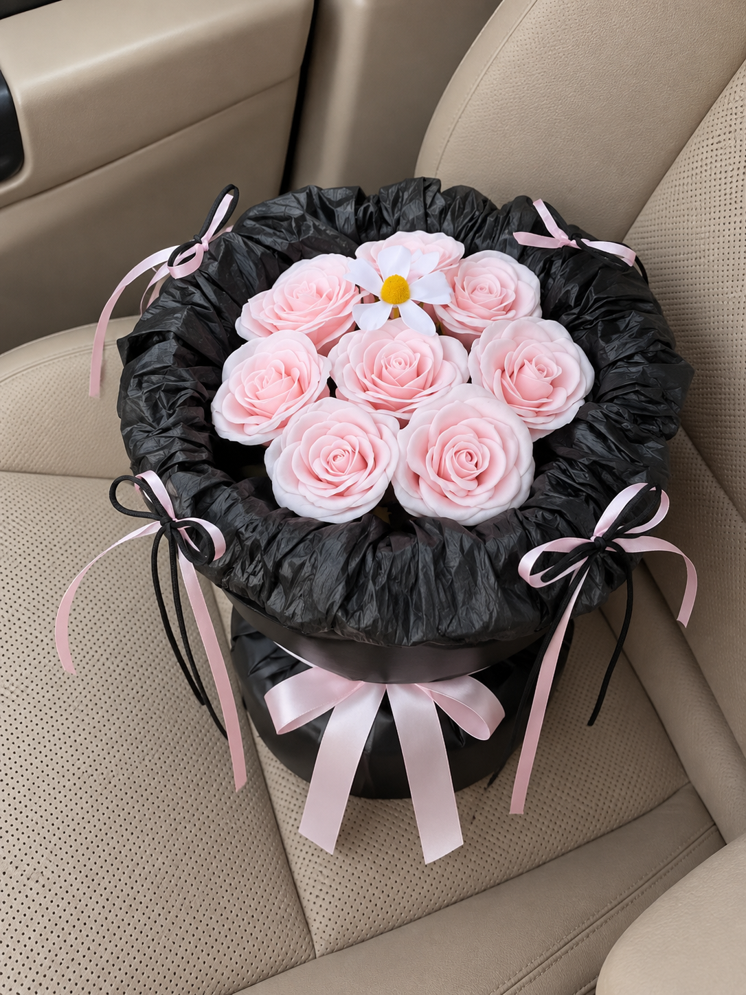 Pink Rose Black Ruffle Bouquet, high-angle car view; AI design illustration