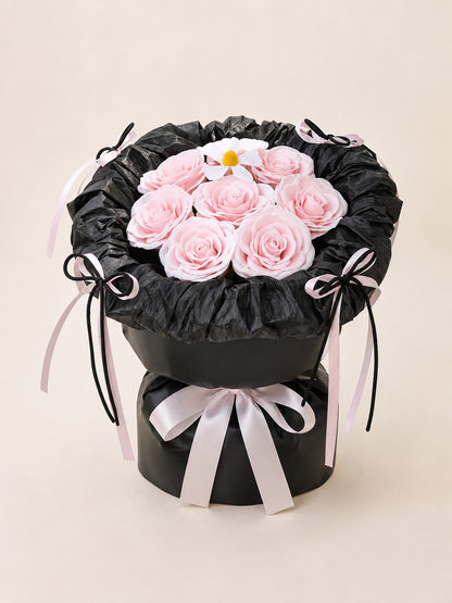 Pink Rose Black Ruffle Bouquet, front view; AI design illustration