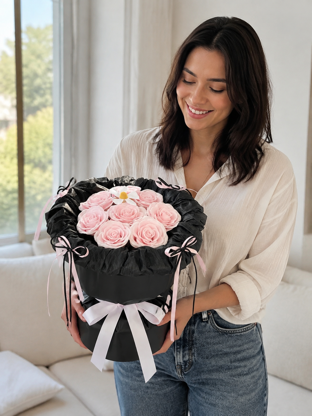 Pink Rose Black Ruffle Bouquet, person-held angled view; AI design illustration
