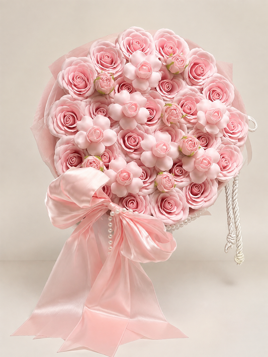 Pink Rose Blossom Grand Bow Bouquet, front view; AI design illustration