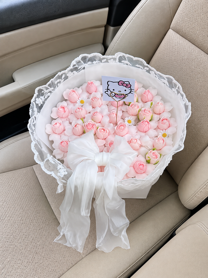 Pink Rose Character Accent Bouquet, high-angle car view; AI design illustration